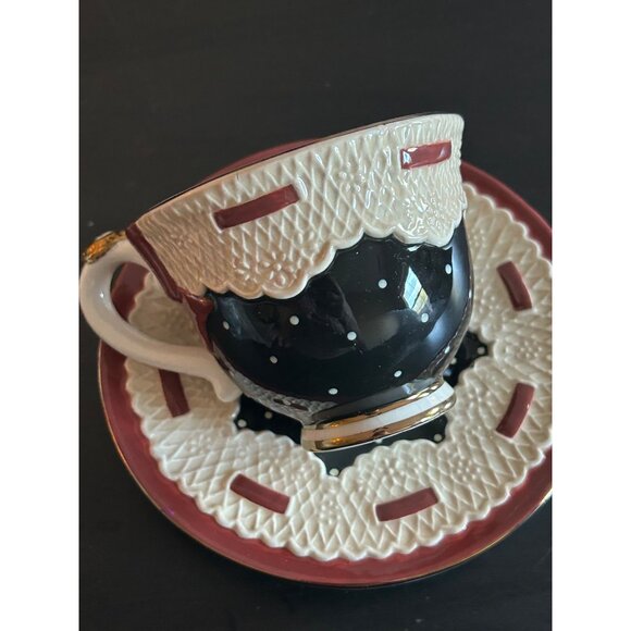 Sandy Clough Claudette Cup & Saucer Set Black & White Polka Dots Lace Detailing - Picture 2 of 12